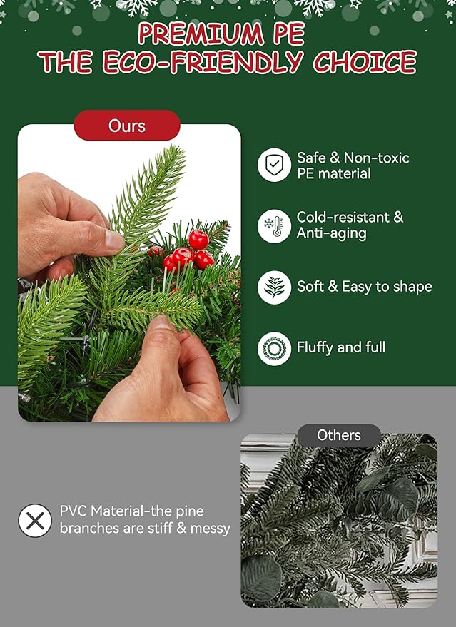 Brightown 24 Inch Pre-Lit Artificial Christmas Wreaths for Front Door,Christmas Decorations Indoor with Pine Cones & Berry Clusters, Christmas Wreath with 50 Lights for Fireplace Wall Window, Plug-in