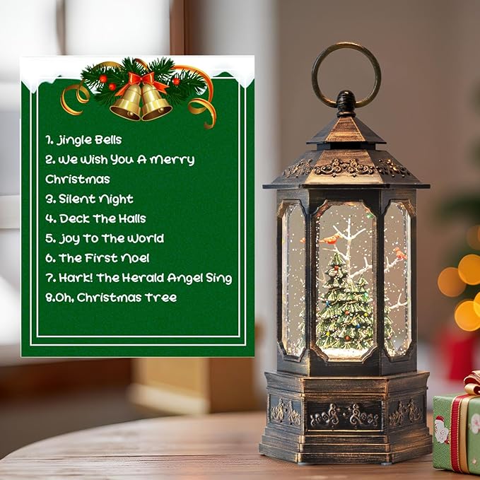 12 "Christmas Snow Globe Lantern, Glitter hex Music Box, USB and Battery-Powered Decorations (Cardinals in The Deep Woods)