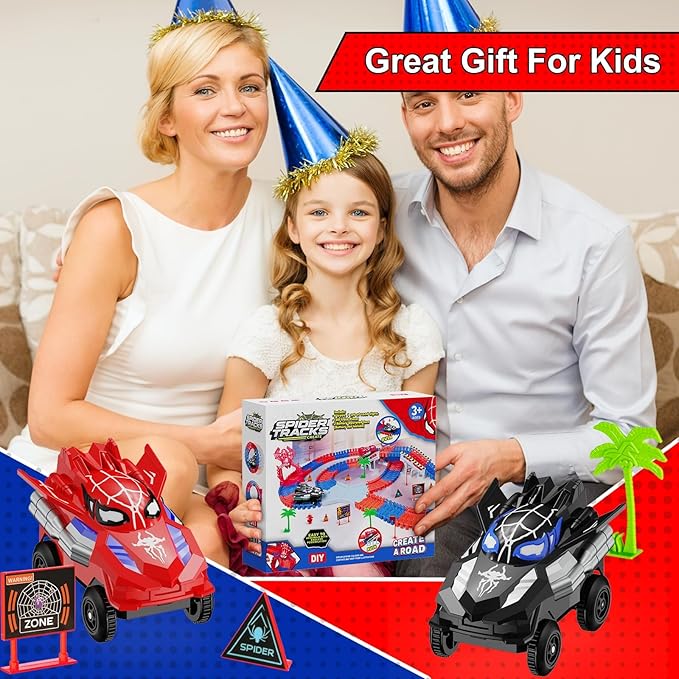 Spider Race Track Toy for Boys 4-6, Race Car Set with 2 Spider Cars, DIY Flexible Tracks Playset, Toddler STEM Building Toys for Girls, Birthday Gift for Kids Ages 3 4 5 6 7