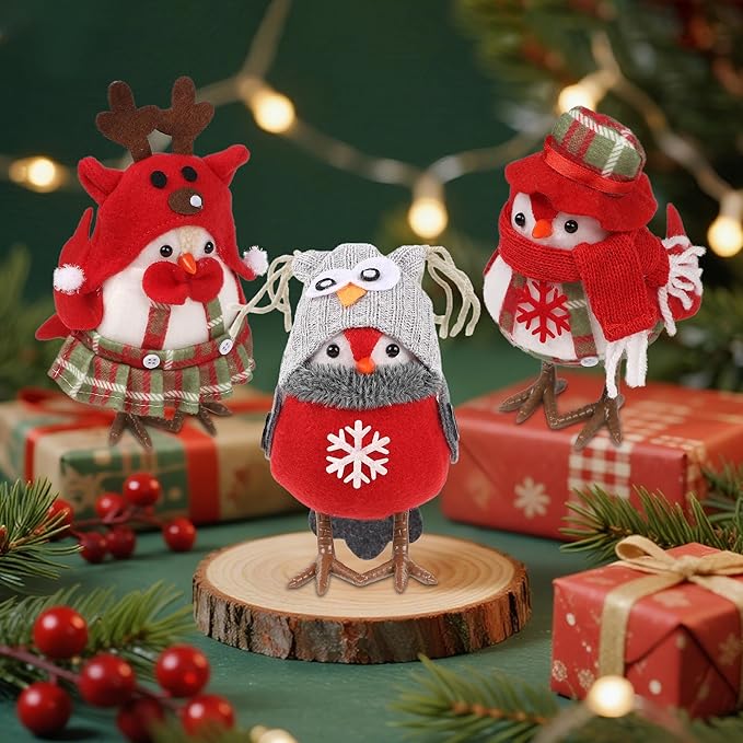 3 Pack 6 Inch Christmas Table Decorations - Small Bird Figurines, Red Cute Xmas Ornaments for Table Top, Desktop, Mantel, Kitchen Decor, Holiday, Winter Party Gifts
