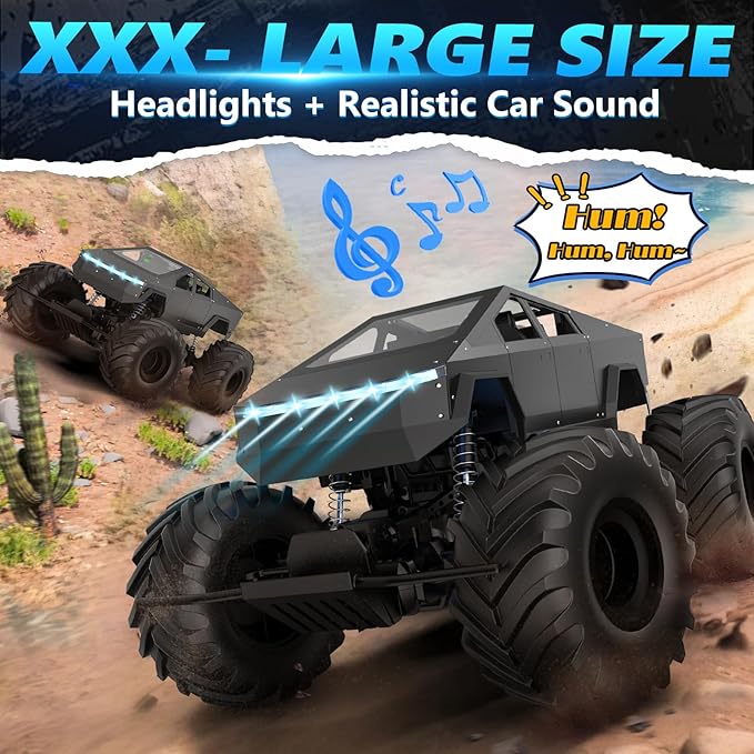 INGQU® 1:8 Big Monster Truck Toys, XXX-Large Alloy 4WD Off Road Remote Control Truck with 3 Powerful Motors LED Headlight, 2.4GHz All Terrain Rock Crawler RC Truck for Boys Kids Age 6 7 8 9 10-12+