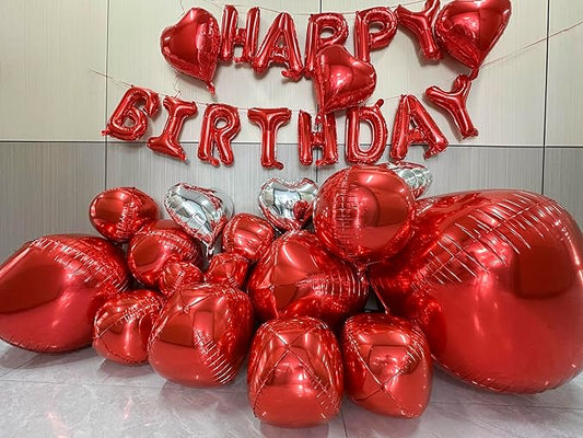 Red Birthday Decorations with 16pcs Large 4D Foil Balloons in Different Size (10-50 Inch) + 6pcs 18" Heart Balloons + 16” Happy Birthday Banner for Indoor Outdoor Party Decorations (Red)
