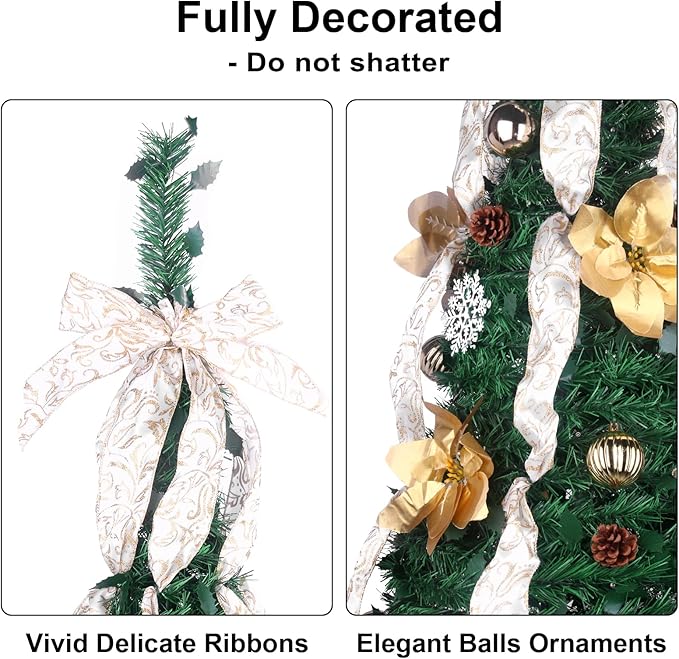 Pop Up Christmas Tree with Lights and Decorations & Remote, 6FT Prelit Pull Up Artificial Xmas Trees Decorated Christmas Tree with Red Gold Christmas Ball Ornaments Bows Ribbons Holiday Party Decor