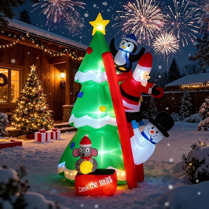 6FT Inflatable Christmas Tree with LED Lights, Blow Up Christmas with Penguin Snowman Santa and Mouse Outdoor Yard and Indoor Holiday Decor for Patio Garden Lawn
