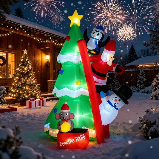 6FT Inflatable Christmas Tree with LED Lights, Blow Up Christmas with Penguin Snowman Santa and Mouse Outdoor Yard and Indoor Holiday Decor for Patio Garden Lawn