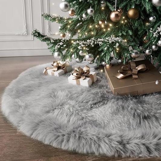 iMucci 48inch Christmas Tree Skirt Wool Fur Grey Tree Skirt Small Tree Skirts Grey Trees Skirt Holiday Party Decoration