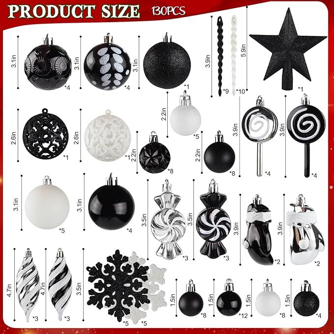Shatterproof Christmas Ball Ornaments Set, 130 Pack Christmas Tree Decorations, Assorted Hanging Christmas Balls Bulk for Holiday Indoor Outdoor Xmas Party Decor (130 Black)