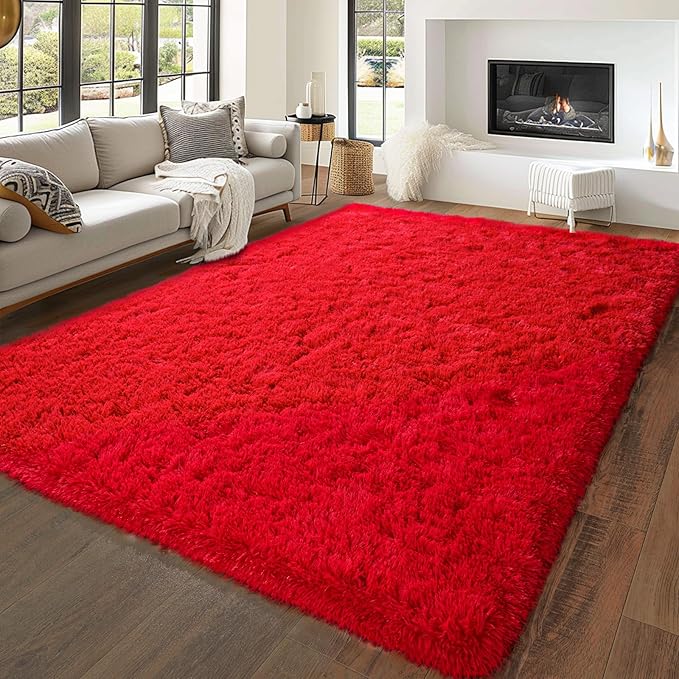 5'x7' Super Fluffy Rug for Bedroom, Modern Shag Red Area Rugs, Soft and Cozy Plush Large Carpet for Kids, Girls Boys and Teens Decorations for Living Room Dorm Nursery Classroom, Red