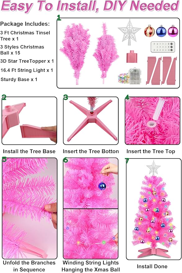 3 Ft Pink Christmas Tree Tinsel Dual Color Change 12 Modes Timer DIY 50 Warm White & Colored Lights 15 Ball Ornaments Star Battery Operated Small Artificial Full Xmas Tree Table Indoor Holiday Decor