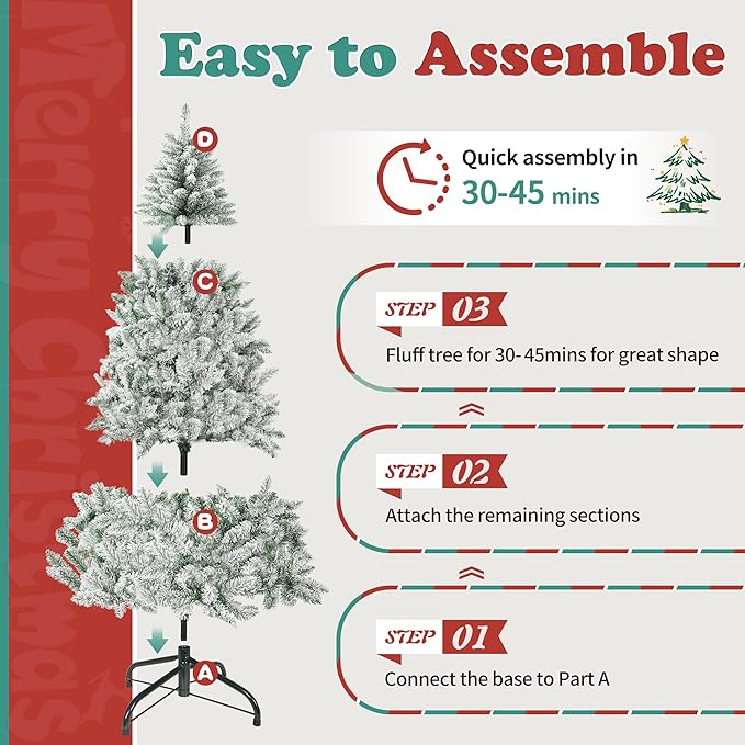 7FT Premium Artificial Christmas Tree, Snow Flocked Hinged Pine Tree with Solid Metal Stand for Outdoor and Indoor Holiday Decor