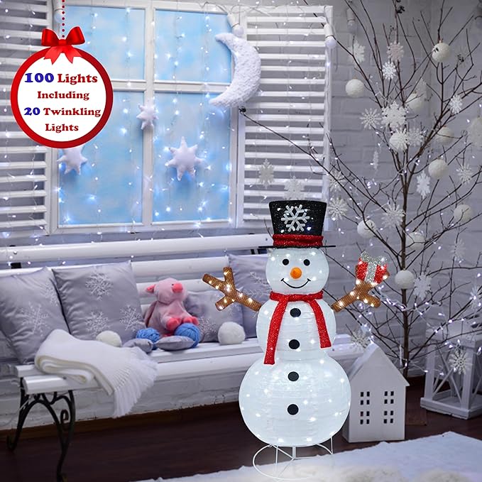 Outdoor Snowman Lighted, Pop-Up Snowman Outdoor Yard Christmas Decorations Prelit 100 Lights, Collapsible Lighted Snowmen Wears Red Scarf and Holds Light Up Gift Box for Home Porch Yard Décor-Red