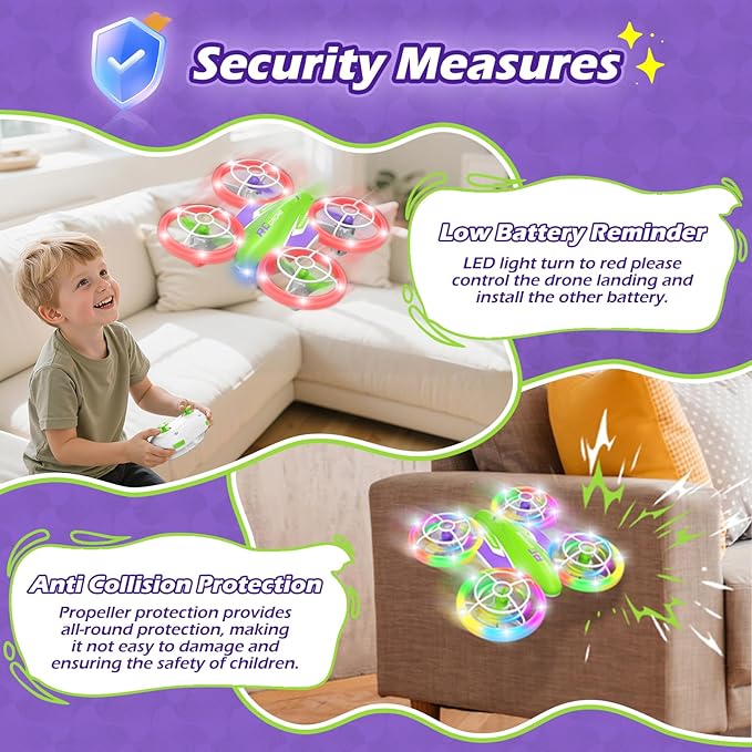 LED RC Drone for Kids 6+, Christmas Birthday Gift for Boys & Girls with Remote Batteries, 360° Flips, 3 Speed Modes, 45 Min Flight Indoor and Outdoor Flying Toy - Green Purple