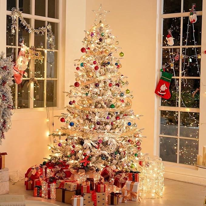 Hykolity 7.5ft Prelit Snow Flocked Aspen Fir Christmas Tree with 450 Clear LED Lights, Realistic 1173 PE PVC Branch Tips, Foldable Metal Stand and Premium Hinged Branches