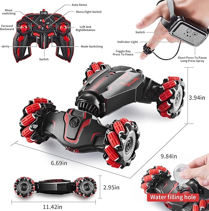 4WD Remote Control Gesture Sensor Car,Hand Controlled RC Stunt Car,Double-Sided Vehicle 360° Rotation with Light and Music Spray, Watch Toy Cars for Boys & Girls Birthday