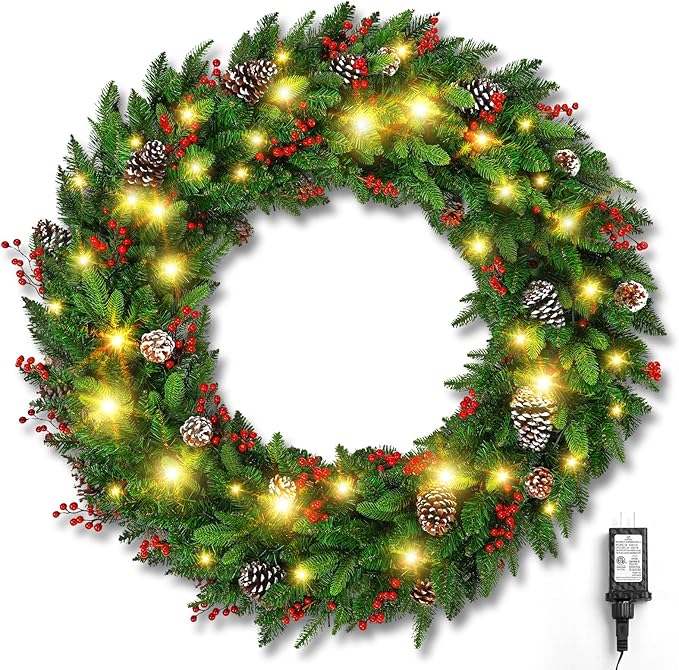 Brightown 48 Inch Large Pre-Lit Artificial Christmas Wreath,Outdoor Christmas Decorations with 200 LED Lights, Pine Cones & Berry Clusters,Outdoor Christmas Wreath for Door Wall Windows,Plug-in
