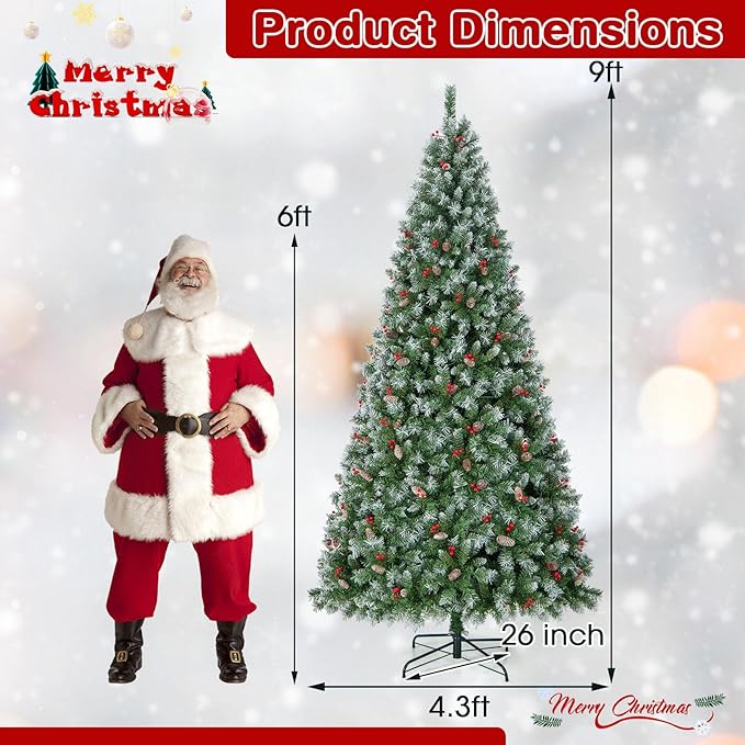 Goplus 9ft Pre-Lit Christmas Tree, Artificial Hinged Xmas Tree with 650 Warm-White LED Lights, 8 Lighting Modes, 1740 Branch Tips, Red Berries & Pinecones, for Holiday Party Office Home Decor