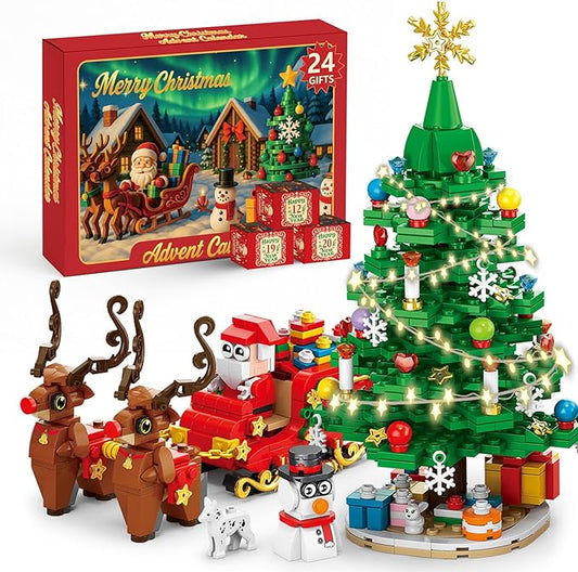 Christmas Tree Advent Calendar 2025, 24 Day Countdown Kit with 912PCS Building Blocks Set, Xmas Holiday Decorations Gift for Kids Teen Girls Boys (Santa Sleigh Reindeer)
