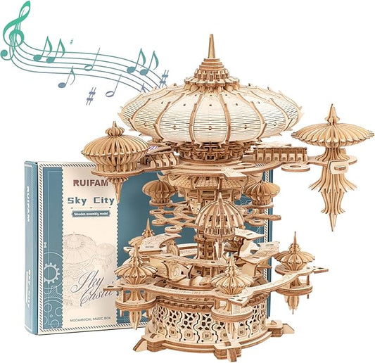 3D Wooden Puzzles for Adults, SkyCity Music Box Model Kit, 600+ Pcs Cityscape Design, Challenging Mechanical DIY Craft, STEM Toy and Unique Gift for All Occasions