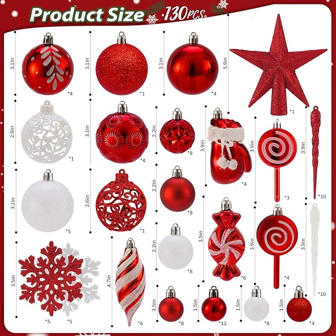 Shatterproof Christmas Ball Ornaments Set, 130 Pack Christmas Tree Decorations, Assorted Hanging Christmas Balls Bulk for Holiday Indoor Outdoor Xmas Party Decor (130 Red)