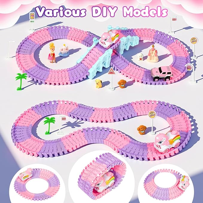 Unicorn Race Tracks for Kids Ages 3-8, 224 PCS Princess Car Toys with Magic Bendable, 2 Monster Truck, Flexible DIY Track Set, Christmas Birthday Gifts for 3 4 5 6 Year Olds Kids Toddler Girls