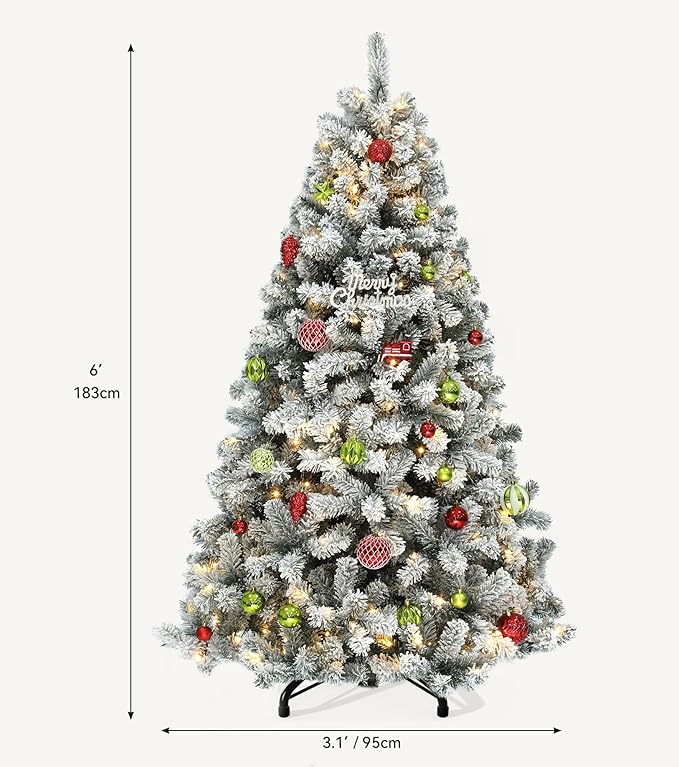 DWVO 6 ft Prelit Snow-Flocked Artificial Pine Christmas Tree, Full Xmas Tree with 250 Lights, 11 Lighting Modes, 1000 Tips, Foldable Base for Home and Party Decor with Remote Control