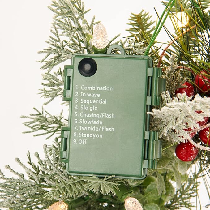 Pre-lit Christmas Wreath for Front Door, Flocked Branches, 30 Inch Battery Operated 50 LED Lights, Decorations for Indoor & Outdoor Green