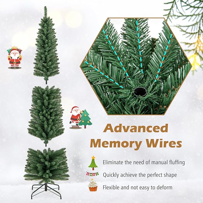 GOFLAME 7FT Pencil Christmas Tree, Slim Artificial Xmas Tree with 523 Memory Wire Branch Tips & Upgraded Metal Stand, Seasonal Holiday Decoration Tree for Home Office Party