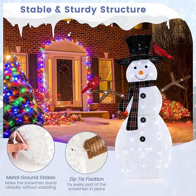 Tangkula 4.2 FT Lighted Christmas Snowman with Redbirds, Pre-Lit Snowman Ornament Christmas Decoration with Cold White LED Lights, Stakes, Outside Xmas Yard Decor, Xmas Indoor Outdoor Holiday Decor
