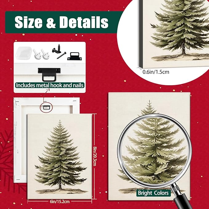 AbcCustomize Vintage Christmas Tree Canvas Wall Art, Botanical Pine Tree Print Poster, Rustic Holiday Canvas Wall Art for Christmas Decorations, Gifts and Winter Decor, Ready to Hang