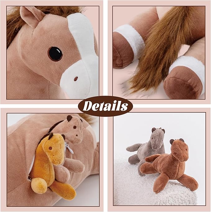 5Pcs Horse Stuffed Animal, Large Mommy Horse Stuffed Animal with Babies Inside, 3.3 lbs Weighted Pony Stuffed Animals, Soft Plush Toy for Kids Boys Girls on Birthday Children's Day Christmas