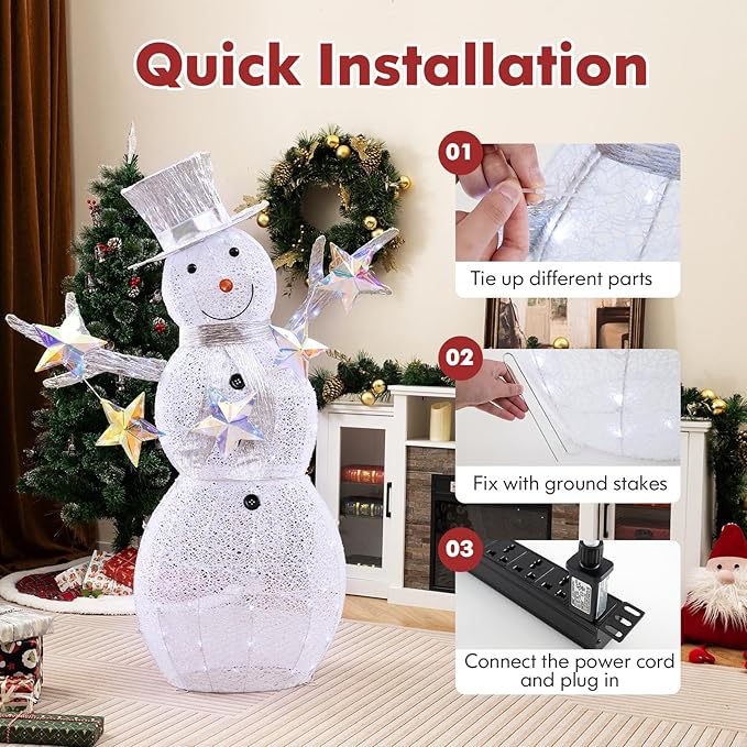 Tangkula 5 FT Christmas Lighted Snowman with Stars, Lighted Christmas Decoration with 140 Cold White LED Bulbs, Ground Stakes & Zip Ties Included, Xmas Festive Decoration for Indoor & Outdoor
