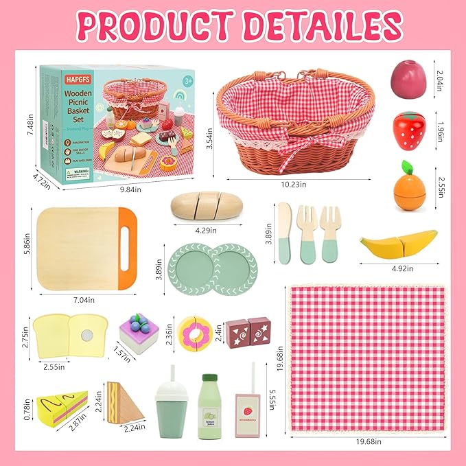 Wooden Picnic Basket Toy Set with Realistic Play Food - Kids Pretend Play Kitchen Accessories for Toddlers 3-8, Wood Play Food for Imaginative Tea Party & Outdoor Fun