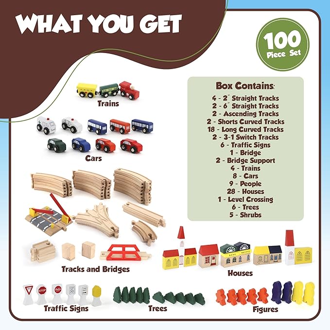 Wooden Train Set, Complete Toddler Train Set, Interactive Play & Learn Set, Creative Wooden Train Track Design, Premium Quality, Ages 3+ (100 Piece Set)