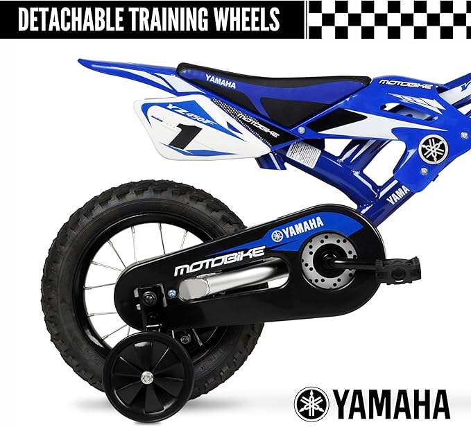 Yamaha 12 Inch Motocross Style Bike for Kids | Coaster Brake, Detachable Training Wheels | Safe Pedal Powered Bicycle for Kids Age 2-4 | for Boys & Girls