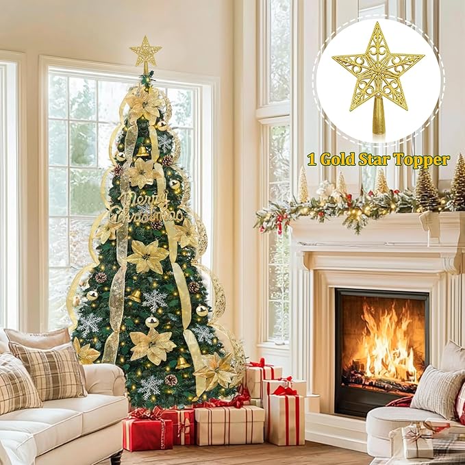 6.5Ft Prelit Fully Decorated Pop Up Christmas Tree with Lights Timer, Dual Color Change 1 Minute Christmas Tree, 220 Warm White&Colored Lights 8 Mode, 74 Ornaments Pull Up Collapsible Xmas Tree Decor