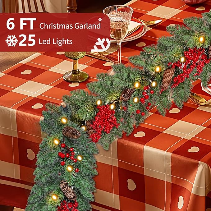 Christmas Garland Lighted Indoor Outdoor Decorations Artificial Christmas Garlands with Light Mantel Pine Cone Red Berries for Door Porch Holiday Party Outdoor Indoor Xmas Decor 6FT