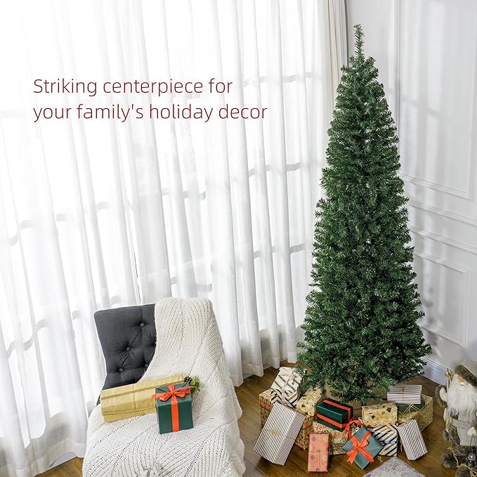 HOMCOM 7ft Pencil Christmas Tree, Unlit Artificial Christmas Tree Slim Douglas Fir Xmas Tree with Realistic Branches, Halloween Tree with 818 Tips, Green