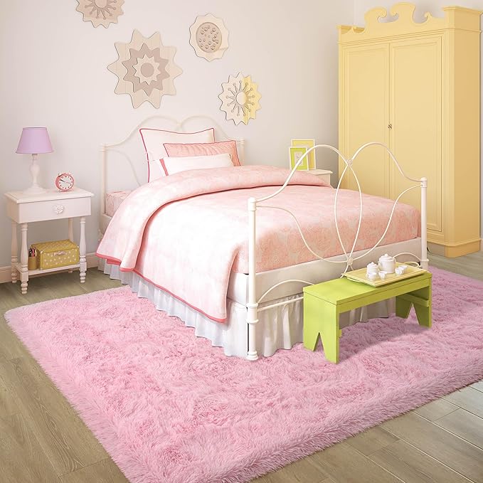 6x9 Pink Fluffy Rug for Girls Bedroom Soft Carpet, Large Cute Pink Fuzzy Shag Furry Area Rugs for Classroom Living Room Nursery Dorm Baby Kids Room Home Decor, Modern Indoor Non Slip Rug