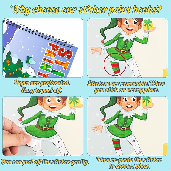 2PCS Christmas Crafts for Kids Ages 4-8 Sticker Paint Books - Includes Santa Clause Snowman Elf Gnome and More Designs Gift Party Create 22 Pictures