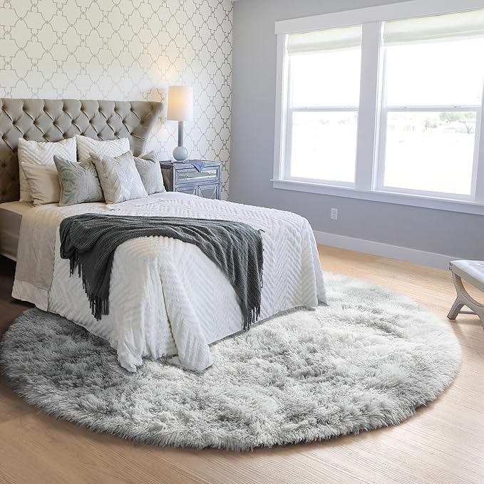 ONASAR Tie-Dyed Light Grey Round Area Rug 4ft, Ultra Soft Bedroom Circle Rugs for Kids Girls Teen Room, Fluffy Plush Shaggy Carpet Floor Mats for Baby Nursery Living Room Playroom Home Decor
