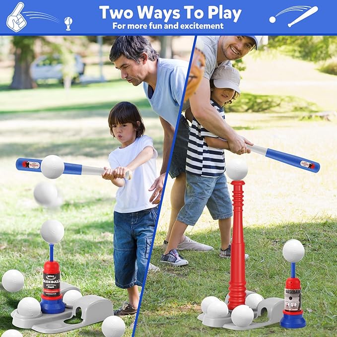 T Ball Set, Tee Ball Set for Kids 3-5 with 6 Large Baseballs & Automatic Pitching Machine & Adjustable Batting Bat, Outdoor Games Sports Toy Gift for Toddlers Boys Girls Ages 5-8 8-12