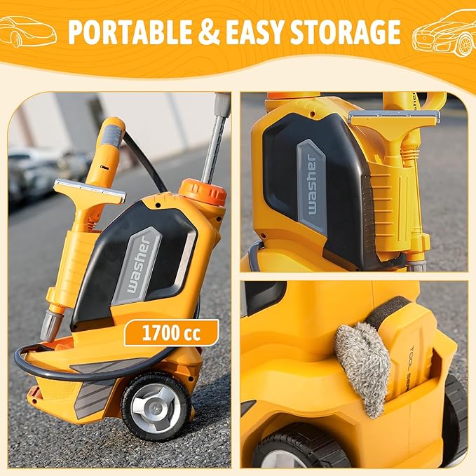 Kids Clean Car Wash Toy - Kids Power Washer with Scraper Sponge Towel, Manual Pressure, Adjustable Water Gun Spray, Pretend Play Tools Role Playing Cleaning Toys Gift for Toddler Boys Girls Ages 3+