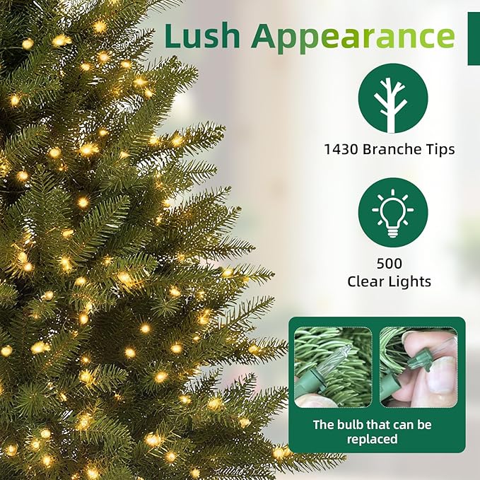 6.5FT Pre-Lit Artificial Christmas Tree with 650 White Lights,1227 Mixed PE&PVC Branch Tips,Green Full Downswept Douglas Fir Xmas Tree,Foldable Metal Base for Home, Party Holiday Décor