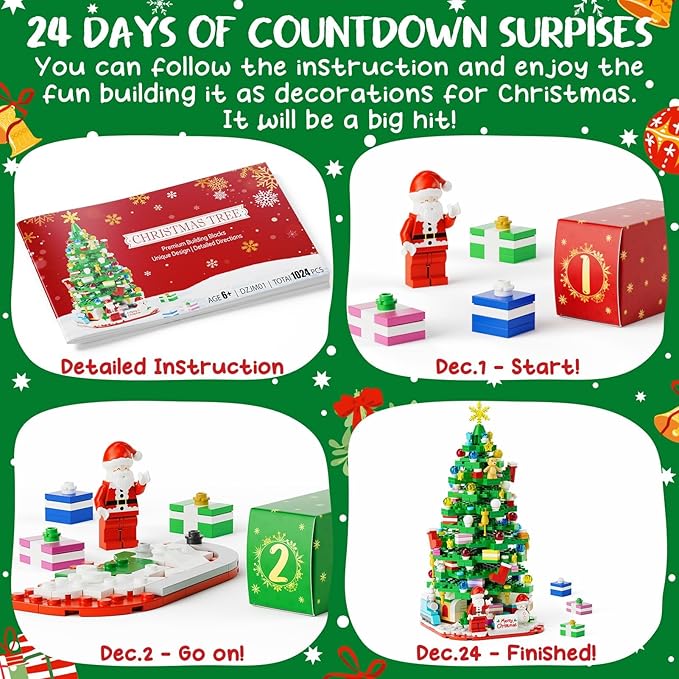 Advent Calendar 2025 for Kids Teens Adults, Christmas Tree Building Blocks Xmas Countdown Advent Gift Box with Snowmen Stars Santa Bricks Toys Christmas Holiday Gifts for Boys Girls Women Men Age 6+