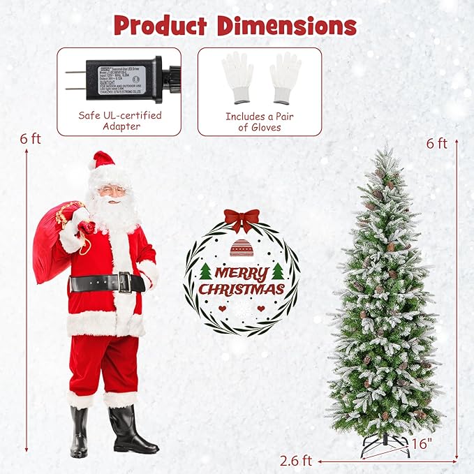 Goplus 6 FT Pre-Lit Pencil Christmas Tree, Artificial Snow Flocked Hinged Fake Slim Xmas Tree with 280 Warm-White LED Lights, 671 Branch Tips, 60 Pine Cones, for Office Home Decoration