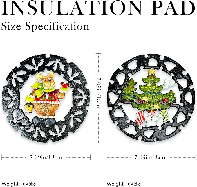 2 Pack Christmas Metal Trivets, Reindeer & Snowman Cast Iron Trivet for Hot Dishes, 7 Inch Heat Resistant Decorative Trivets, Kitchen Gift for Christmas