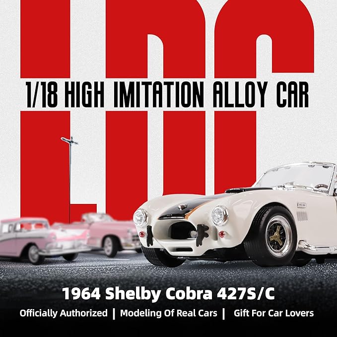 1964 Shelby Cobra 427S/C 1:18 Scale Diecast Model Premium Alloy Sports Cars with Display Case, Working Steering, Best Gift for Men, Dad & Kids 14+ Years Collector's Edition(White)