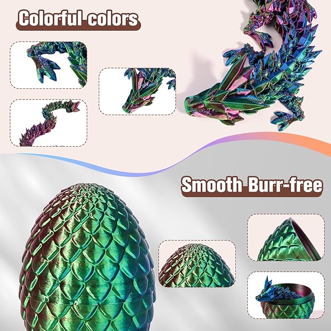 12''3D Printed Dragon and 4.73''Egg - 3D Printed Toys, Articulated Crystal Dragon Egg with Dragons Inside Fidget Toy, Decor Dragons Collectible Figurines (Blue Green Purple,12inch)