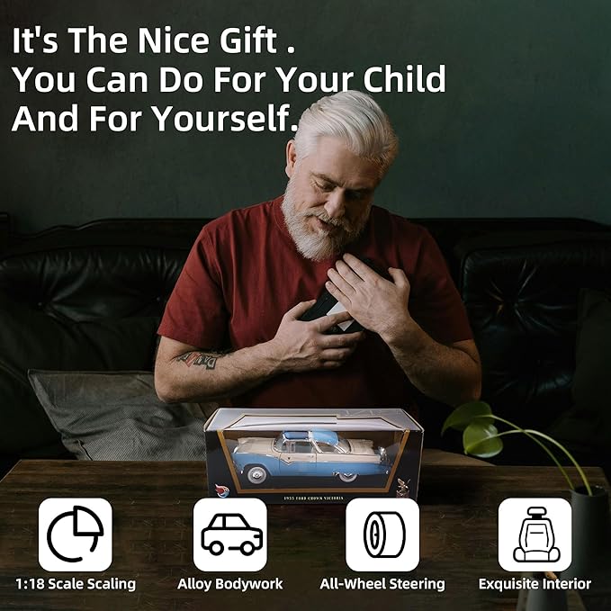 1955 Ford Crown Victoria 1/18 Scale Die-Cast Metal Model Premium Classic Vintage Alloy Cars with Display Case, with Opening Doors, Best Gift for Men, Dad & Kids 14+ Years (Blue)