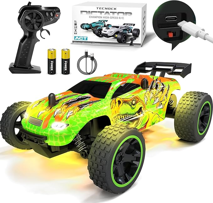 Tecnock RC Cars for Kids, 1:18 Scale 2WD RC Car with USB-C Easy Charging, 2.4GHz Remote Control Car with LED Lights & 50 Mins Playtime, Toys Gifts for Boys & Girls Ages 8-12